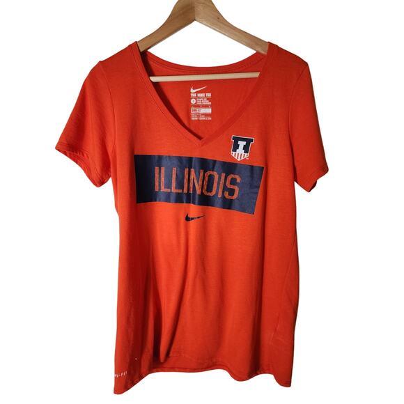 NIKE + ILLINOIS ILLINI Orange Women's V-Neck Active Sporty Short Sleeve Top SZ L - Picture 1 of 8